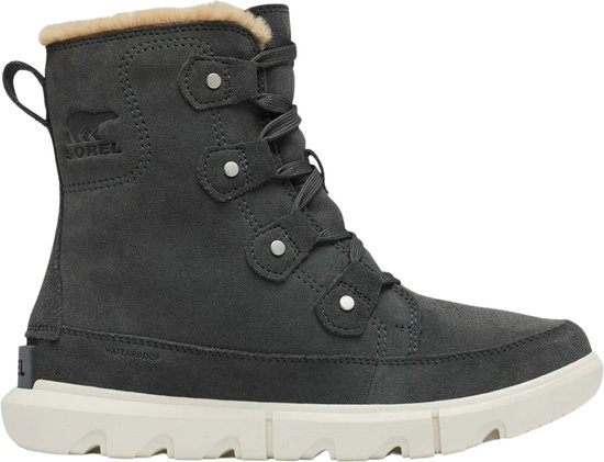 Donkergrijze Sorel laarsjes met bontkraag, veters en Sorel logo.