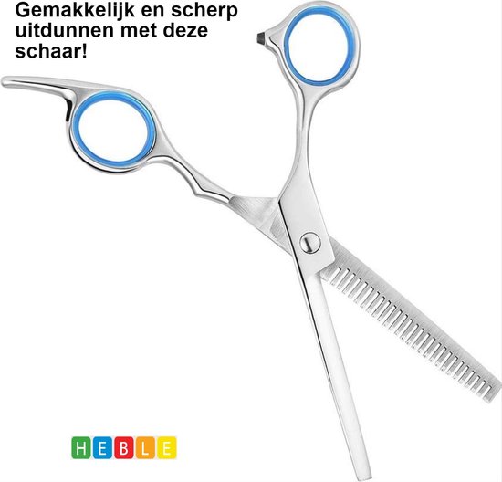 Foto:  professionele uitdunschaar effileerschaar kapper haren rechtshandig rvs schaar blauw haar knippen kapper premium kappers schaar ergonomisch van heble 