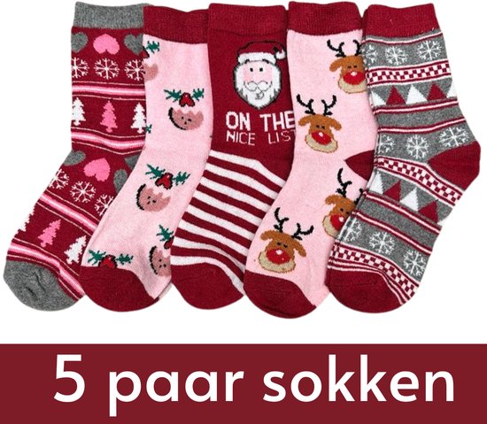 Set de Chaussettes de Noël Femme - 5 paires - taille 36-41 - Chaussettes chaudes de Noël avec Rennes, père Noël, flocons de neige, etc. - Rouge/Rose/ Wit