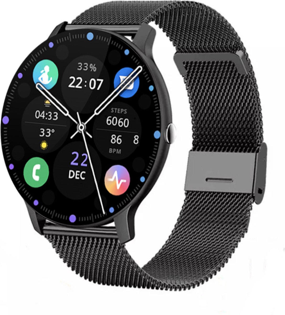 Royal Supplies SQ-33 - Smartwatch - Smartwatch Dames - Heren& Kinderen- Screenprotector- Zwart Staal