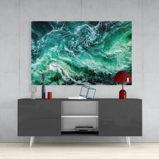 Glasschilderij Abstract - Groene-golven - Wanddecoratie - 72x46 cm - 4 mm
