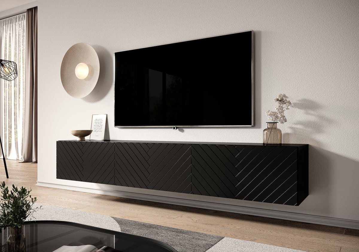 MEUBELLA TV-Meubel Bonzo - Zwart - Visgraat - 180 cm