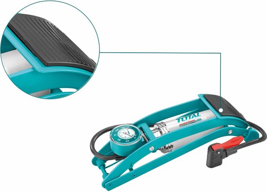 Total Fietspomp voetpomp - metaal - zilver/blauw - manometer - met ventieladapter van Total — afbeelding 3