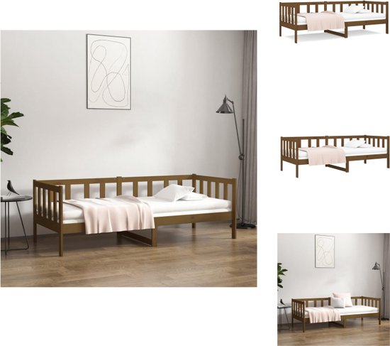 vidaXL Slaapbank Grenenhout - 203.5 x 85.5 x 66 cm - 3-zijdig bedhek - Gelat ontwerp - Honingbruin - Bed