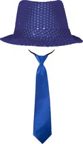 Carnaval verkleed set - hoedje en stropdas - blauw - dames/heren