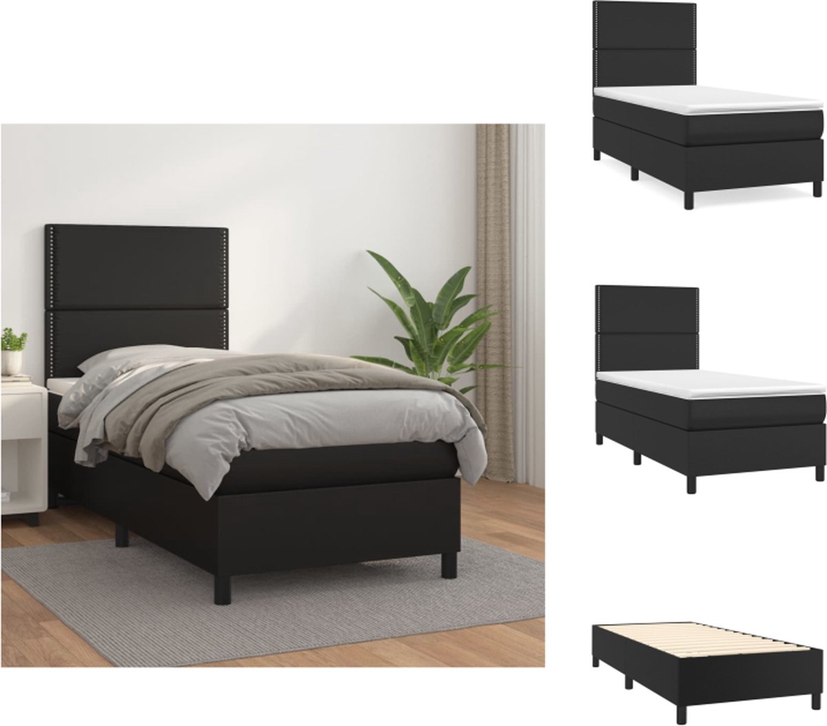 VidaXL Boxspring Bed Zwart 203 x 83 x 118 128 cm Duurzaam Kunstleer Verstelbaar Hoofdbord Pocketvering Matras Middelharde Ondersteuning Huidvriendelijk Topmatras Bed