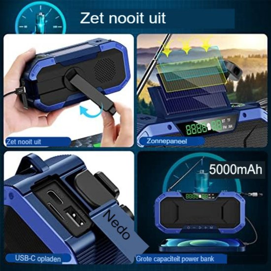 27000mAh Emergency Radio met Bluetooth, AM/FM Solar Crank