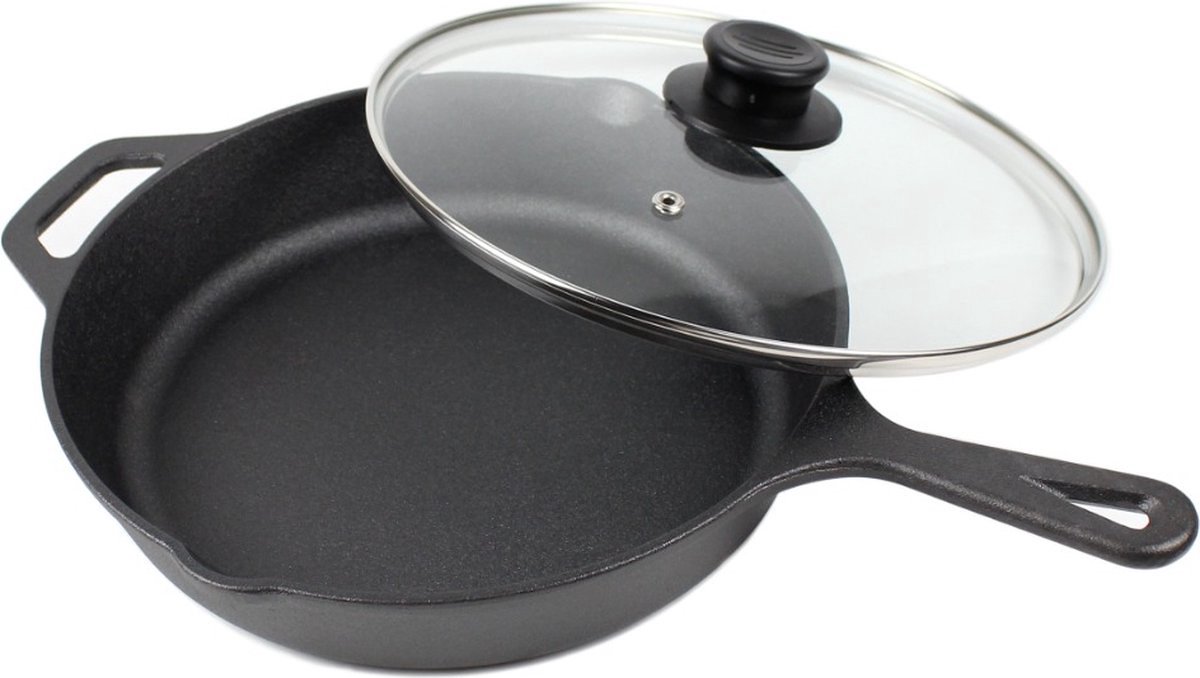 Koock Amsterdam® gietijzeren Skillet pan - koekenpan MET DEKSEL - PFAS vrij - geschikt voor alle warmtebronnen incl. BBQ en inductie.
