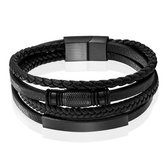 Mendes Jewelry Heren Armband van Roestvrijstaal en Echt Leder - Duurzaam Zwart met Schuifelementen-23cm