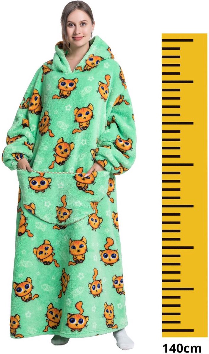 Badrock Hoodie deken - Katten fleece deken met mouwen en capuchon – fleece hoodie – EXTRA lang - Draagbare deken - fleece kleed met capuchon en mouwen – hoodie blanket - maat XS t/m XL – TV plaid met mouwen - 140 cm - groen