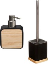 Badkamer/toilet accessoires set - WC-borstel in houder en zeeppompje - zwart - bamboe - 200 ml
