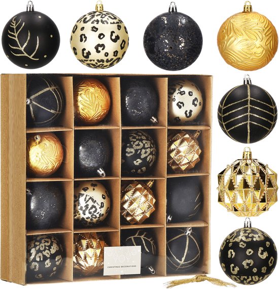 Set van kerstballen, zwart met gouden details zoals takjes en luipaardprint.