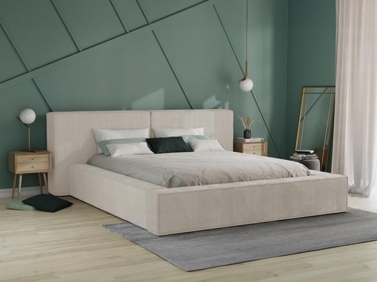 PASCAL MORABITO Bed met opbergruimte 180 x 200 cm - Ribfluweel - Beige + matras - TIMANO L 246 cm x H 90 cm x D 252 cm