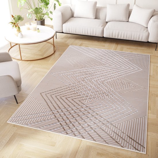 Tapiso Crystal Vloerkleed Beige Zigzag 3D Effect Laagpolig Tapijt Maat- 300x400