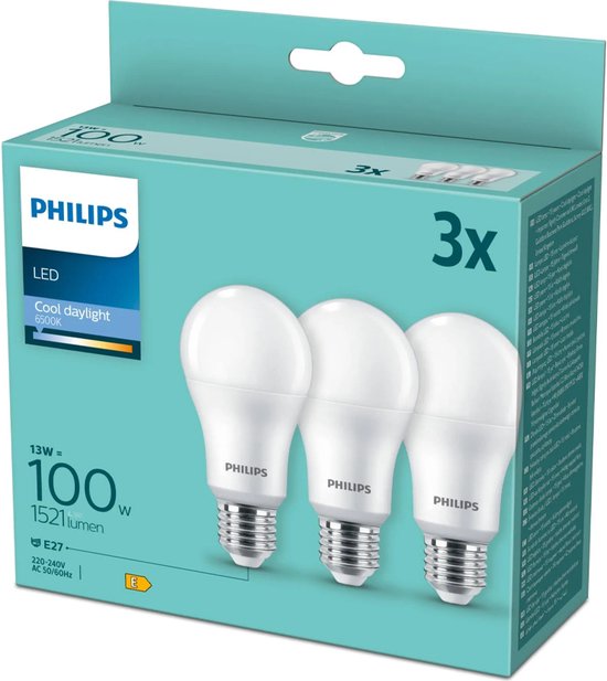 Philips CorePro LEDbulb A60 E27 13W 6500K 1521lm 230V - 3-Pack - Daglicht Wit