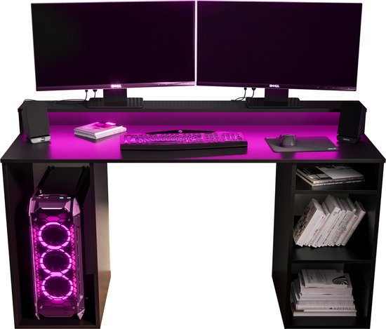 Game Bureau Gaming Desk met LED Verlichting Tafel Computer Bureau - (LxHxP): 50x90x138 cm - SHOT 1 (Zwart + Roze LED)