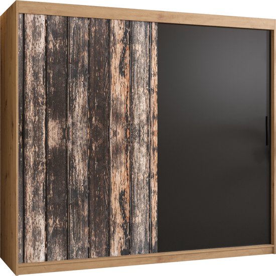 Zweefdeurkast Kledingkast met 2 schuifdeuren Garderobekast slaapkamerkast Kledingstang met planken (LxHxP): 200x200x62 cm - PASTEUR (Artisan + oud houtpatroon, 200) met lades