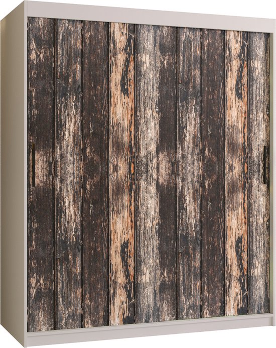 Zweefdeurkast Kledingkast met 2 schuifdeuren Garderobekast slaapkamerkast Kledingstang met planken (LxHxP): 150x200x62 cm - PASTEUR I (Wit + oud houtpatroon, 150) met lades