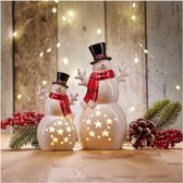 2x LED-sneeuwman als decoratieve verlichting - lichtbeeld - kerstfiguur van keramiek - LED-verlichting met timerfunctie als sfeerlicht (02 stuks - keramische sneeuwpop - timer)