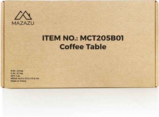 Bruine kartonnen doos met 'MAZAZU' logo en tekst 'ITEM NO.: MCT205B01 Coffee Table'.