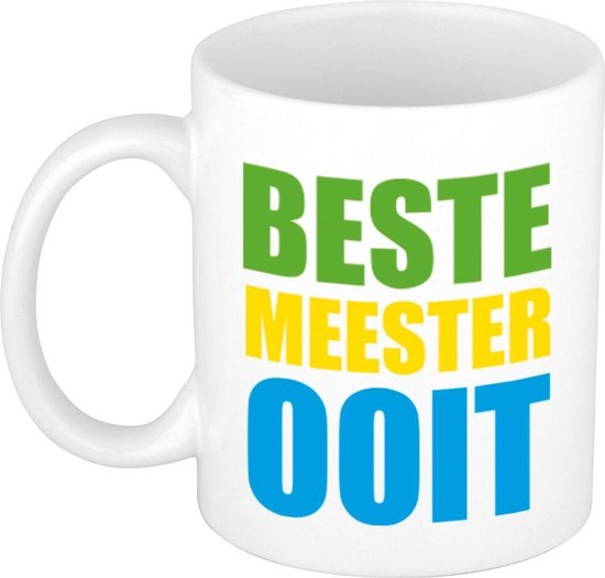 Numeriek Dag Vel Beste meester ooit cadeau koffiemok / theebeker met groene/gele/blauwe  blokletters 300... | bol.com