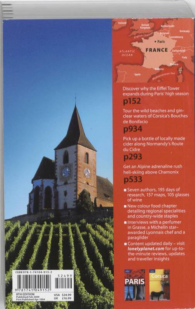 Achterkant van Lonely Planet gids voor Frankrijk. Toont een kerk op een heuvel met wijngaarden. Bevat kaarten en tekst over Parijs en Corsica.