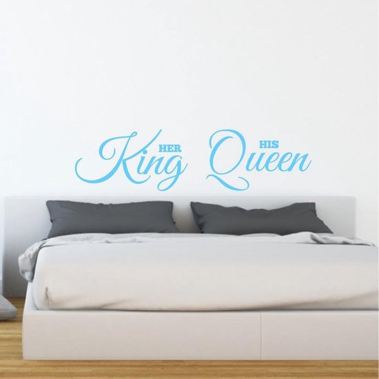 Muursticker Her King - His Queen - Lichtblauw - 120 x 31 cm - slaapkamer engelse teksten