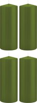 4x Olijfgroene cilinderkaarsen/stompkaarsen 8 x 20 cm 119 branduren - Geurloze kaarsen olijf groen - Woondecoraties