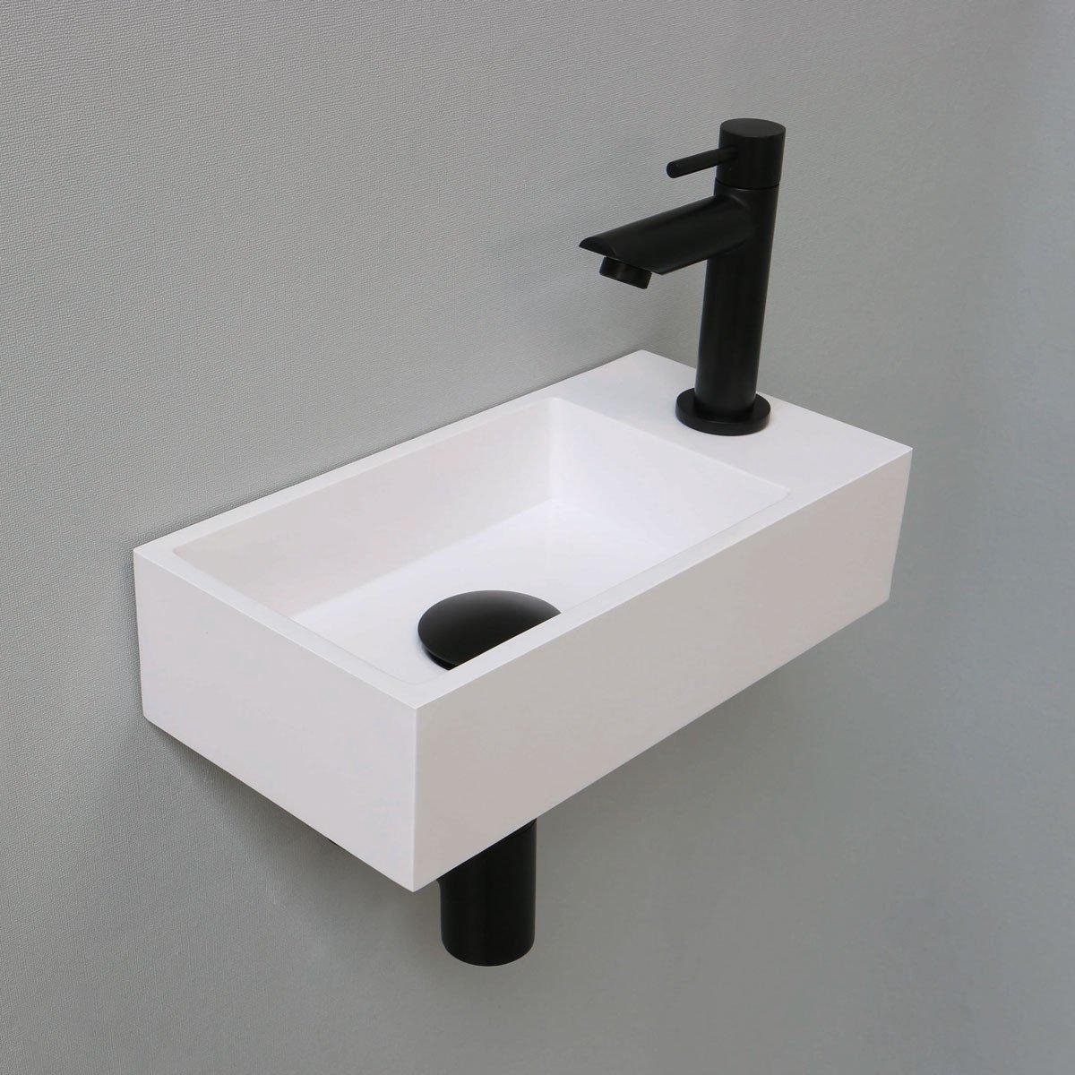 Fonteinset INK Versus Rechthoek Rechts 36x18x9cm Polystone Glans Wit Toiletkraan Sifon Plug Mat Zwart