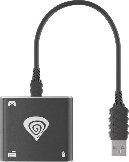 Zwarte adapter met logo, USB-kabel en pictogrammen voor games en muis.
