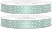 2x Hobby/decoratie licht mint satijnen sierlinten 1,2 cm/12 mm x 25 meter - Cadeaulinten satijnlinten/ribbons - Licht mint linten met wite stippen - Hobbymateriaal benodigdheden -