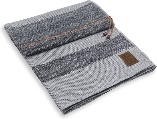 Knit Factory Roxx Gebreid Plaid - Woondeken - plaid - Wollen deken - Kleed - Licht Grijs/Antraciet - 160x130 cm