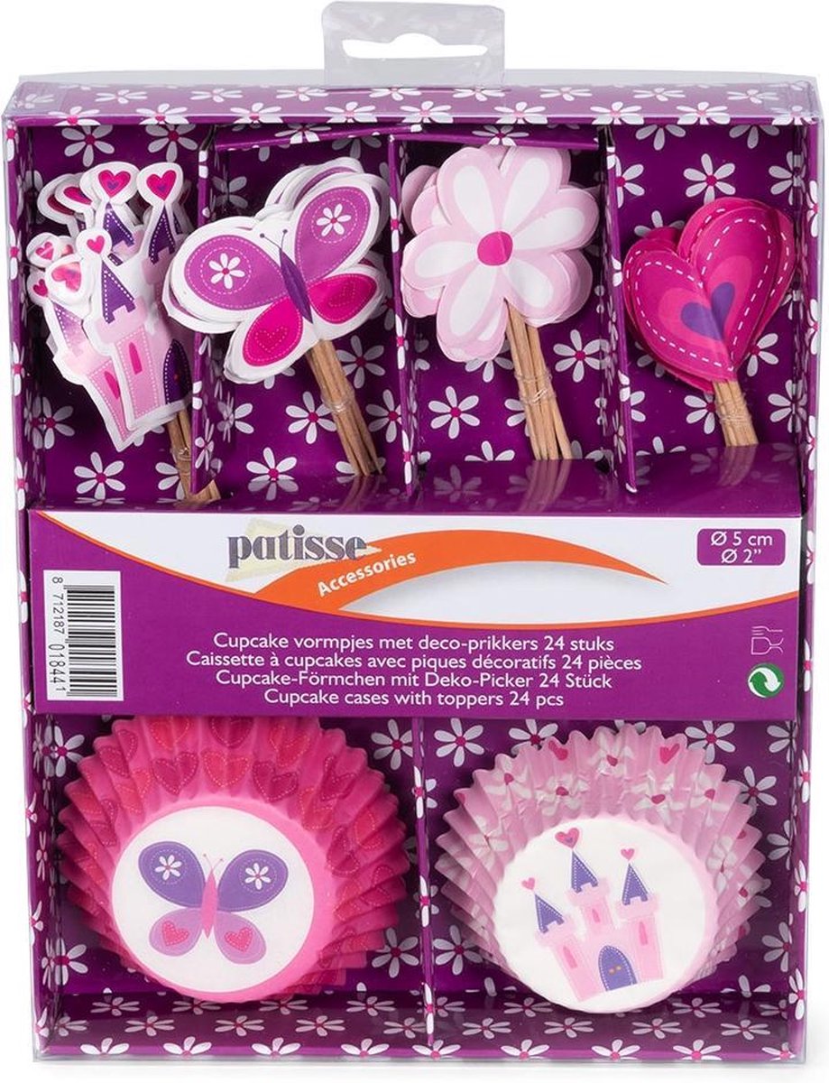Patisse Cupcakevormen Met Deco-prikkers 5 Cm Papier Roze 24 Stuks