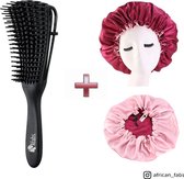 Zwarte Anti-klit Haarborstel + Rode satijnen slaapmuts | Detangler brush | Detangling brush | Satin cap / Hair bonnet / Satijnen nachtmuts / Satin bonnet | Kam voor Krullen | Kroes haar borstel
