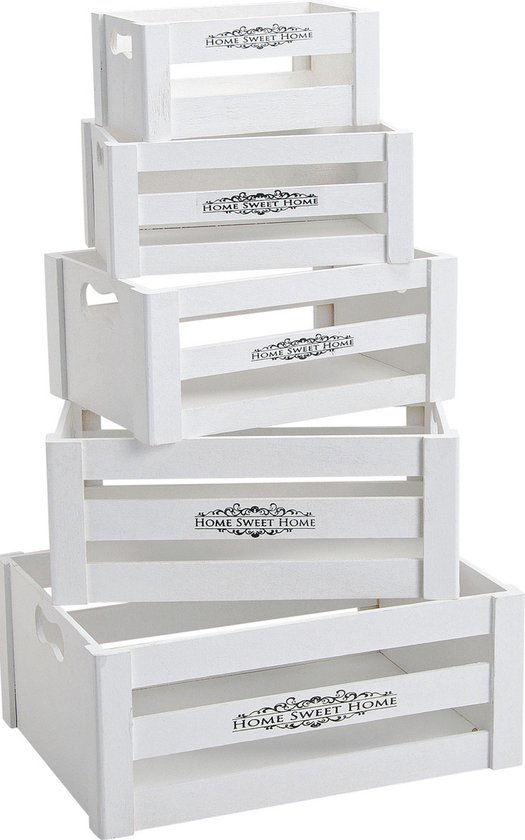 5x Boîtes à fruits / caisses de rangement en bois blanc Décorations Home Sweet Home - 37 x 28 x 15 cm - Boîtes / caisses en bois - Boîtes de rangement