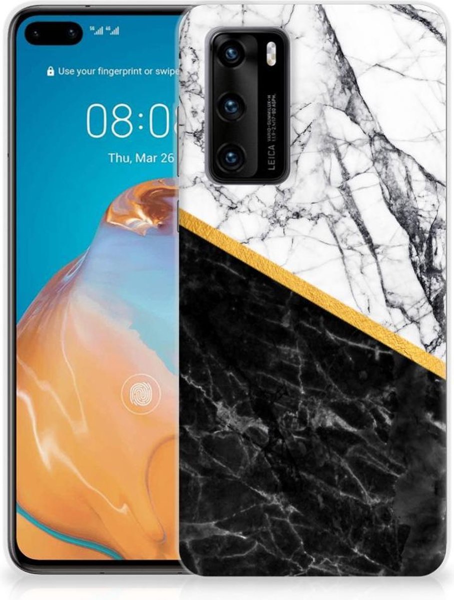 Huawei P40 TPU Siliconen Hoesje Marmer Wit Zwart - Origineel Cadeau Man