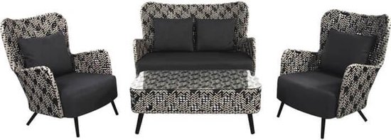Loungeset Toulouse - 100% all weather kussens - 4-delig -zwart-wit-wicker