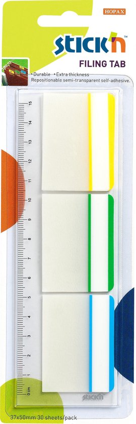 Stick'n Bladwijzer sticky index tabs - 37x50mm op 15cm flexibele liniaal, met beschrijfbare witte strip, 30 tabs totaal