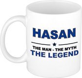 Naam cadeau Hasan - The man, The myth the legend koffie mok / beker 300 ml - naam/namen mokken - Cadeau voor o.a verjaardag/ vaderdag/ pensioen/ geslaagd/ bedankt