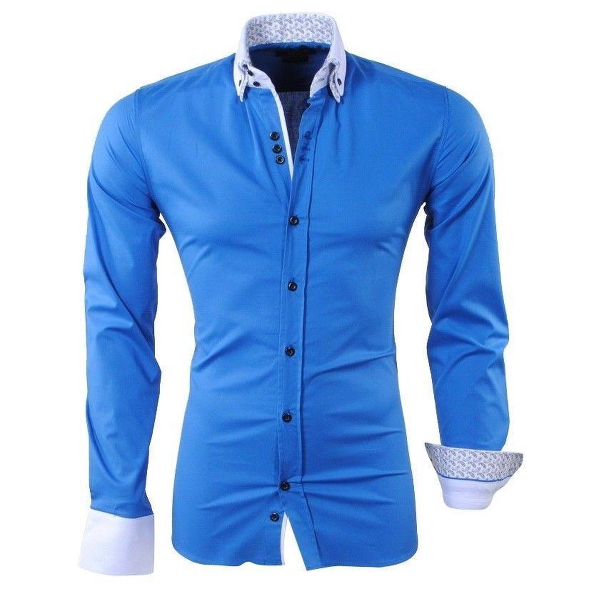 RDX - Heren Overhemd - Dubbele Kraag - Paisley - Slim Fit - Stretch -  Donker Blauw | bol.com