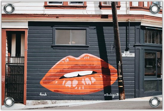 Tuinposter –Rode Graffiti Lippen -90x60  Foto op Tuinposter  (wanddecoratie voor buiten en binnen)