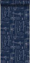 ESTAhome behangpapier constructietekeningen van vliegtuigen donkerblauw - 128810 - 53 cm x 10,05 m
