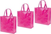 3x stuks boodschappentassen shoppers fuchsia roze 38 cm - Tassen en shoppers