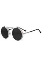 KIMU flip up ronde zonnebril zilver zwart - vintage steampunk retro opklapbaar