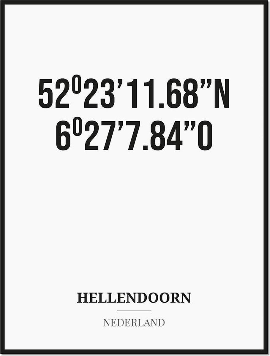 Studio216 Poster/kaart HELLENDOORN met coördinaten zwart, wit