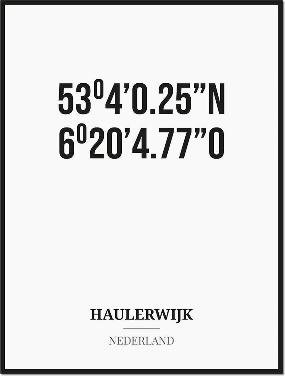 Studio216 Poster/kaart HAULERWIJK met coördinaten zwart, wit
