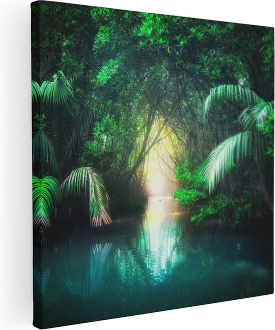 Artaza Canvas Schilderij Tropische Jungle Met Een Turquoise Meer - 80x80 - Groot - Foto Op Canvas - Canvas Print