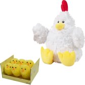 Pluche witte kippen/hanen knuffel van 23 cm met 6x stuks mini kuikentjes 4 cm - Paas/pasen decoratie