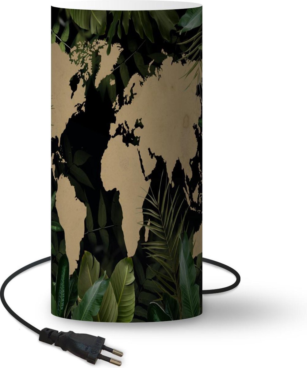 Lamp - Nachtlampje - Tafellamp slaapkamer - Wereldkaart - Bladeren - Bruin - 33 cm hoog - Ø15.9 cm - Inclusief LED lamp