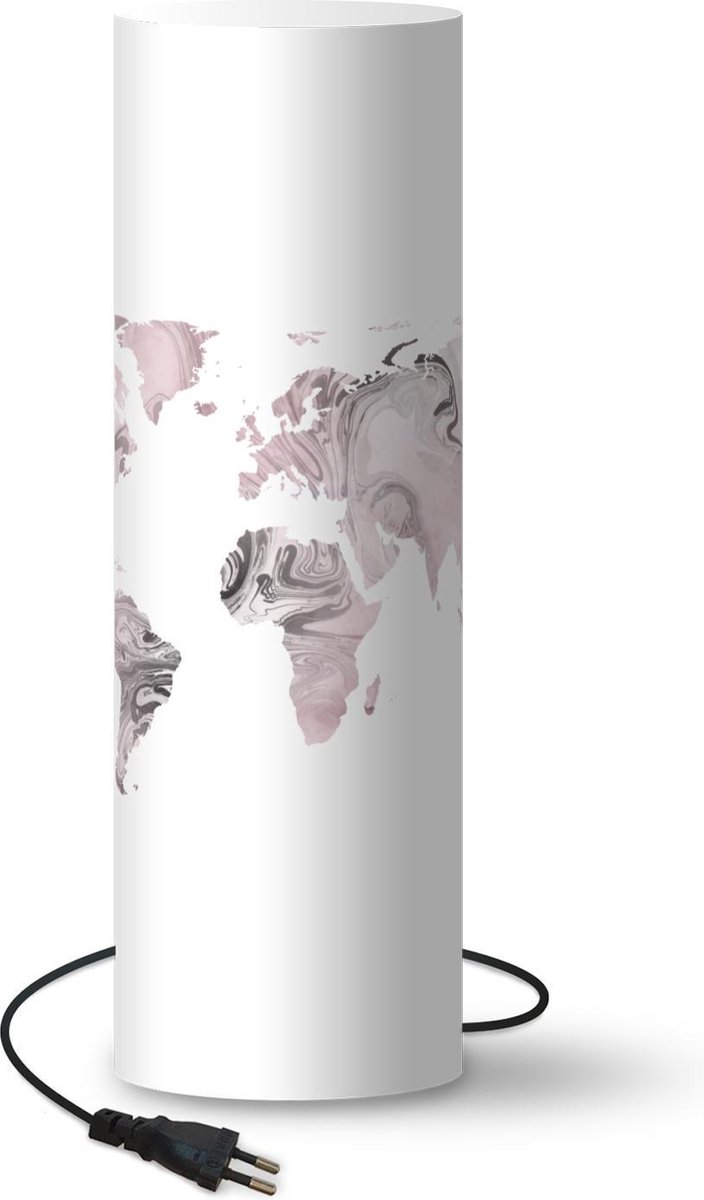 Lamp - Nachtlampje - Tafellamp slaapkamer - Wereldkaart - Roze - Grijs - 50 cm hoog - Ø15.9 cm - Inclusief LED lamp